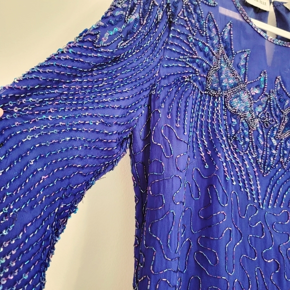 Denise Elle Royal Blue Beaded 100% Silk Formal Blouse Top‎ Size Medium - Picture 7 of 7
